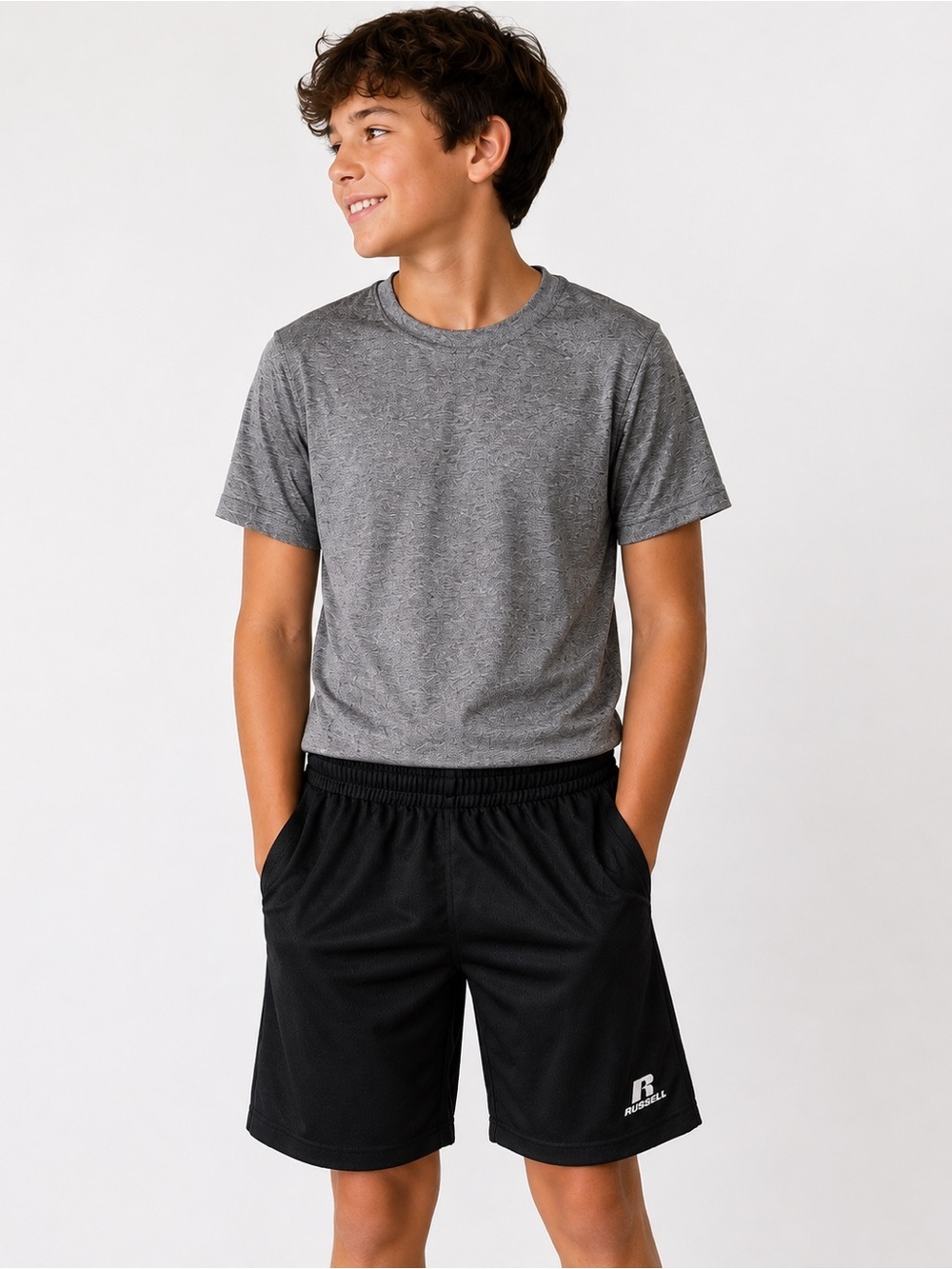 Russell Athletic Boys Black Mesh Basketball Shorts Size 8 Elastic Waist
